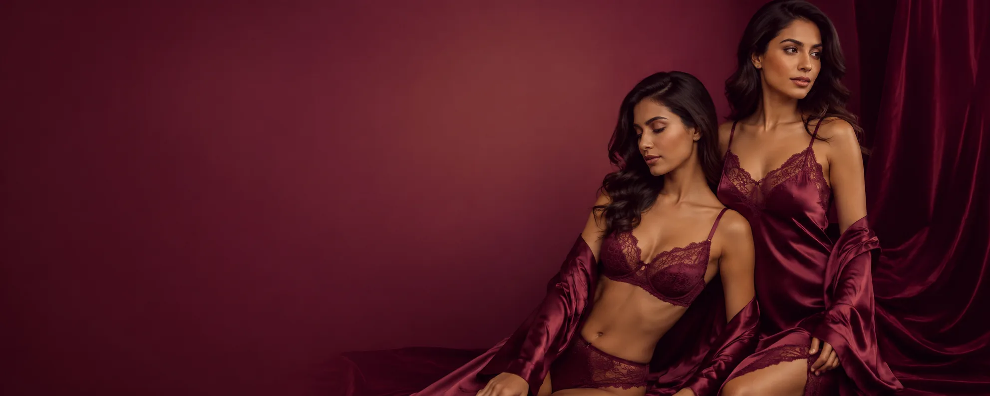 Two women in deep burgundy silk and lace lingerie