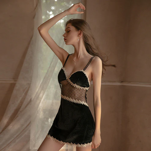 Velvet Embroidered Babydoll Short Lingerie — view 4
