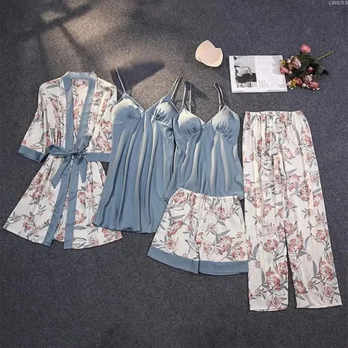 Noor Floral Luxury Bridal Silk 5pcs Nightgown set — view 2