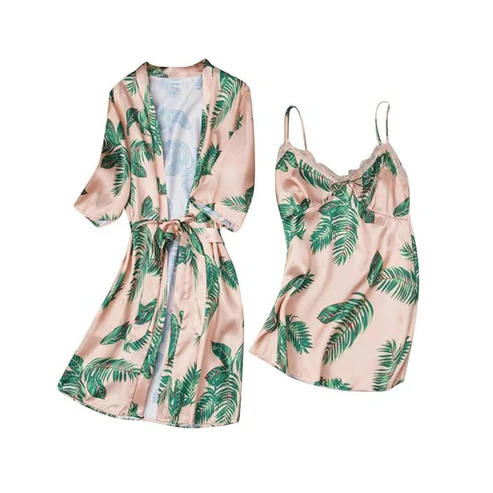 Hawaiian Print Silk 2pcs Nightgown set — view 5