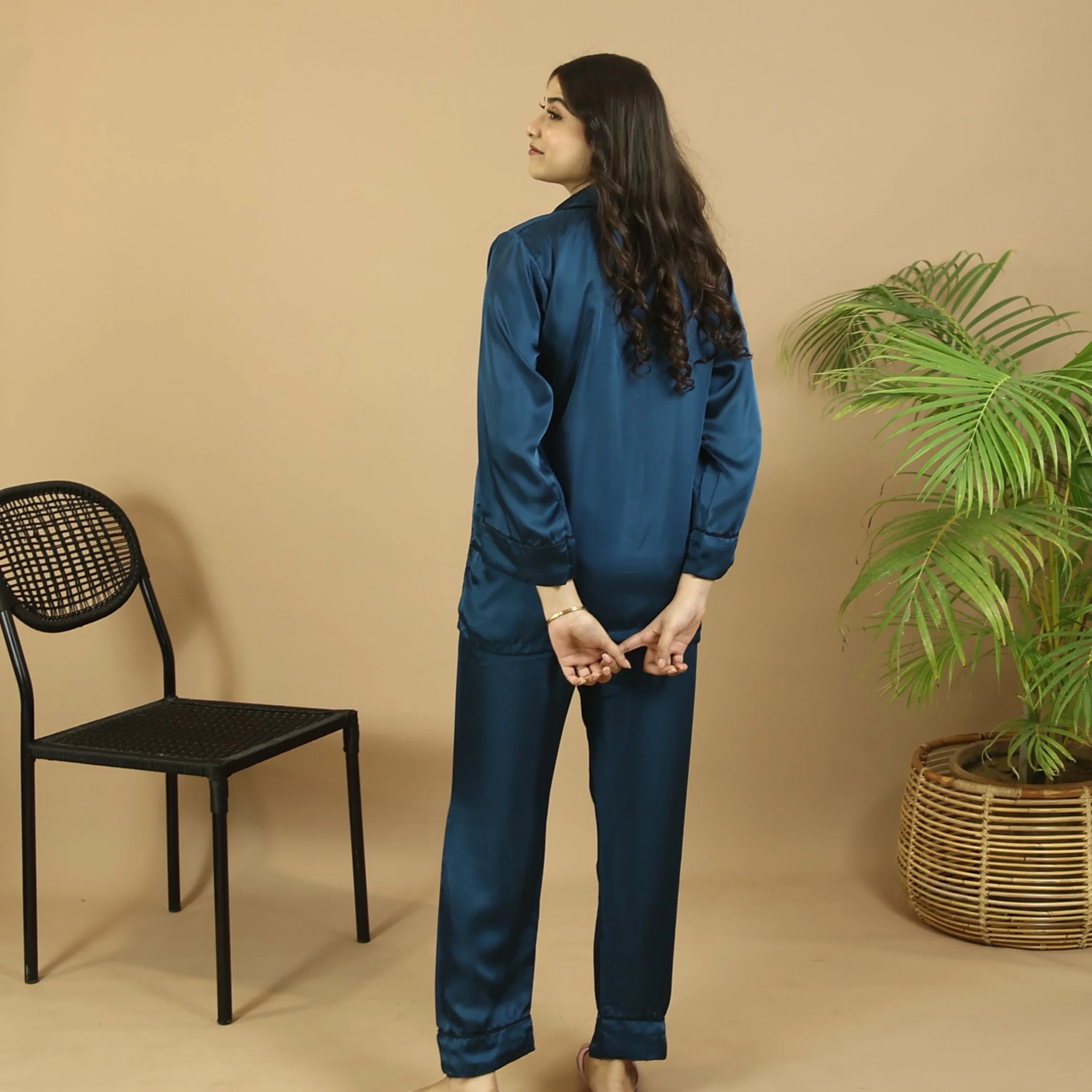 Teal Silk Solid Pyjama Set for Pakistani Ladies — view 3