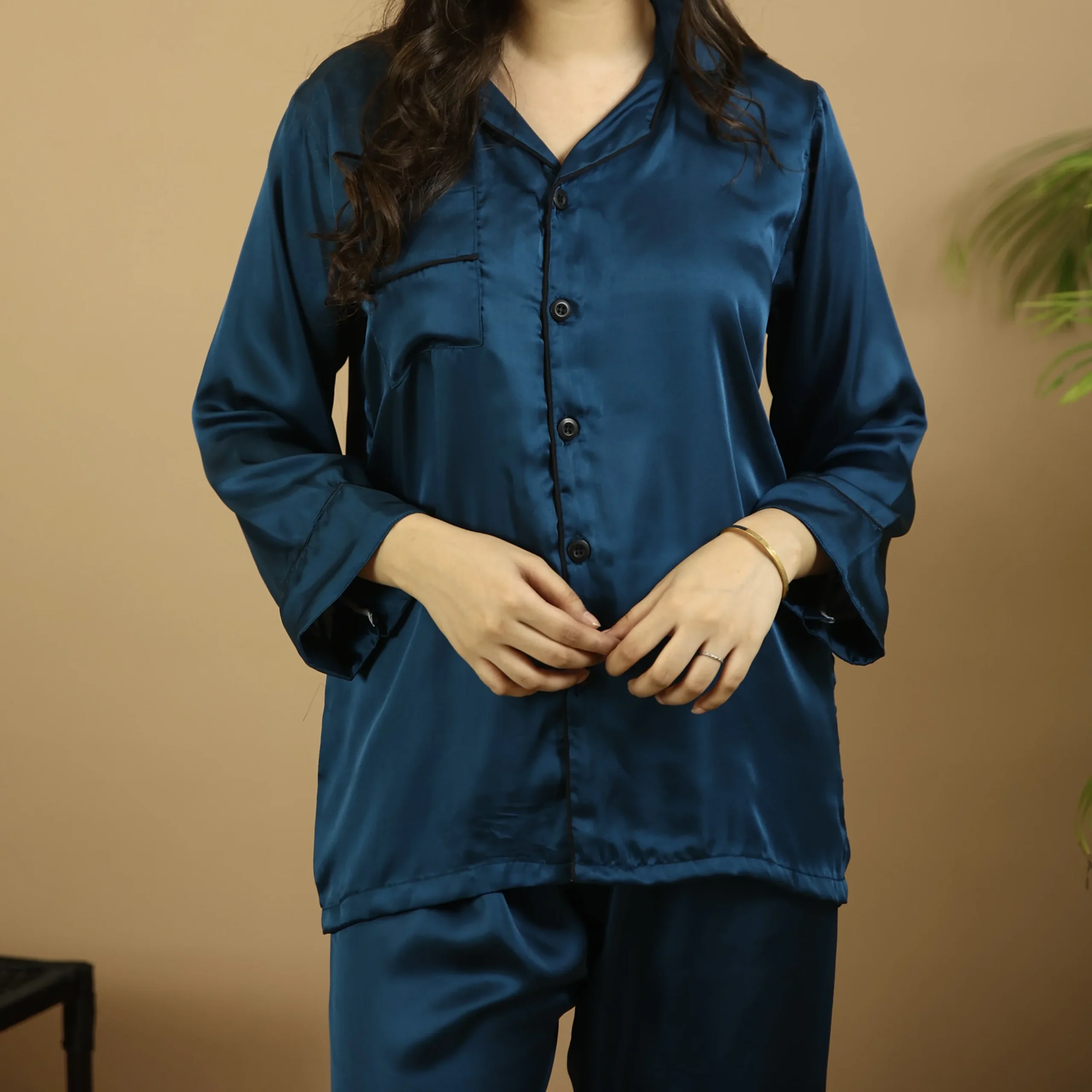 Teal Silk Solid Pyjama Set for Pakistani Ladies — view 2