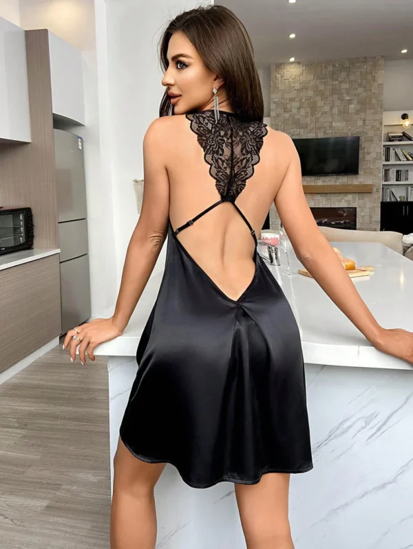 Contrast Lace Cut Out Backless Satin Cami Nightdress