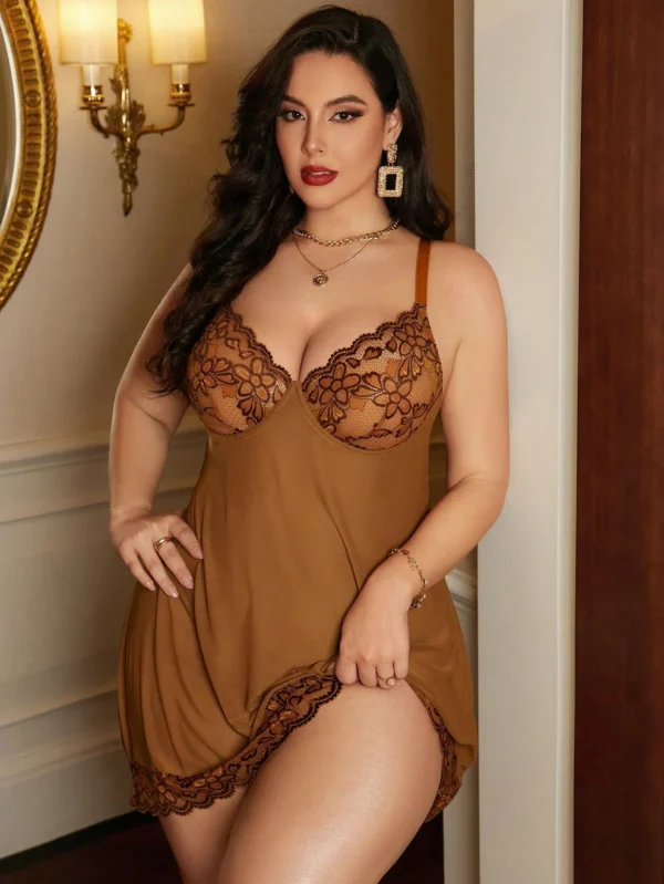 Plus Size Lace Contrast Mesh Sexy Lingerie Dress With Underwire