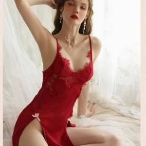 Retro Red Satin Silk Lace Embroidered Lingerie