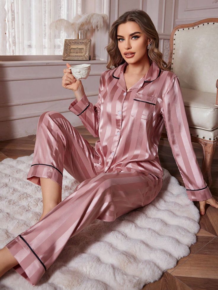 2pcs Women Jacquard Shirtdress And Pants Sleepwear Set