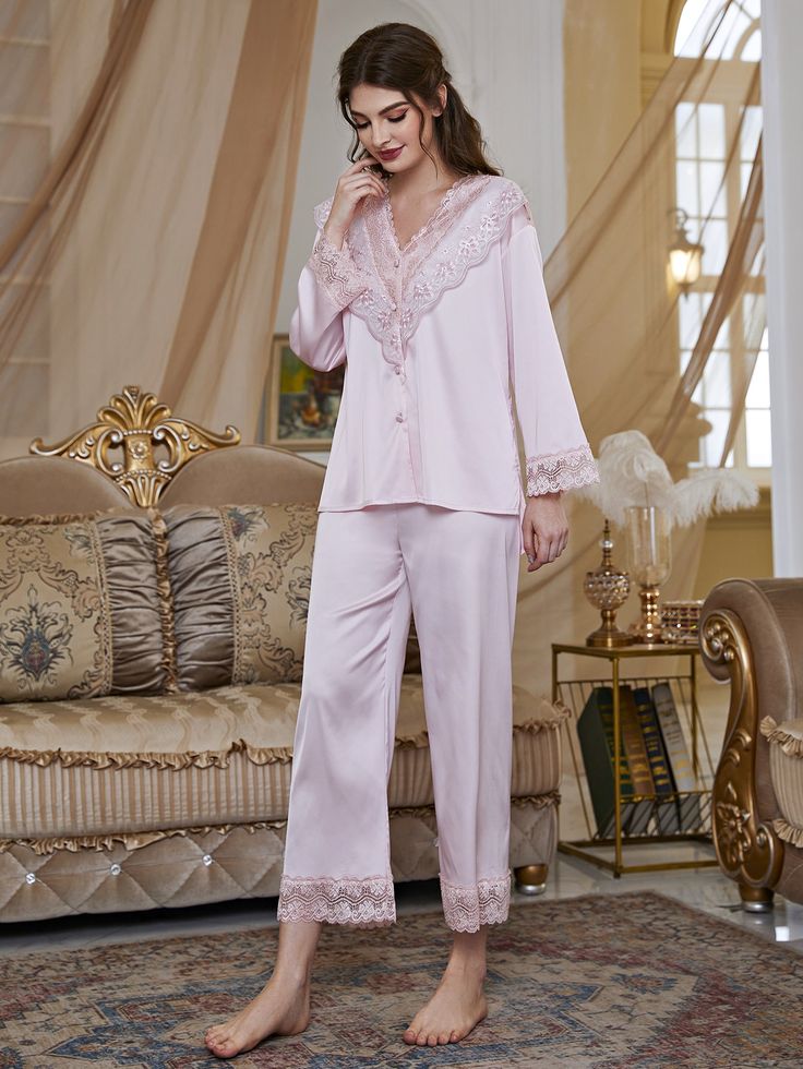 Solid PJs set with Lace Detailing image