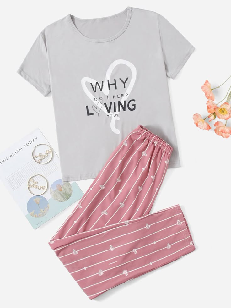 Slogan Graphic Tee & Striped Pants PJ Set