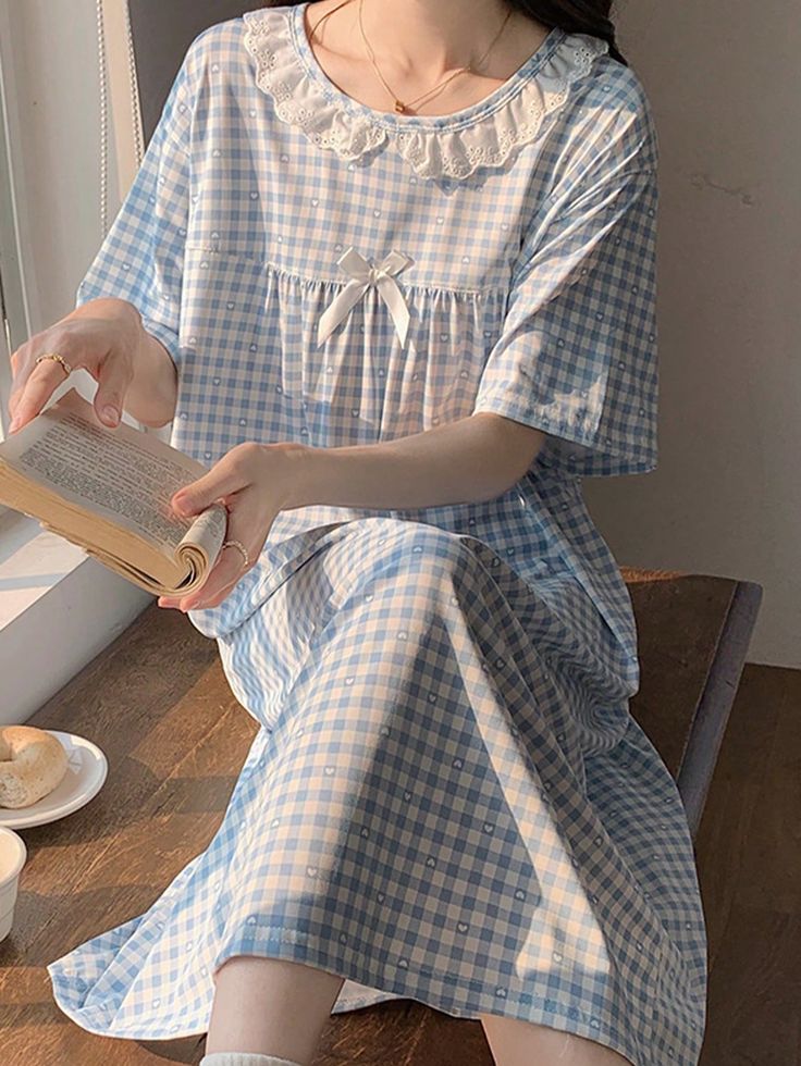 Summer Short Sleeve Gingham Print Sleep Dress With Fresh Style